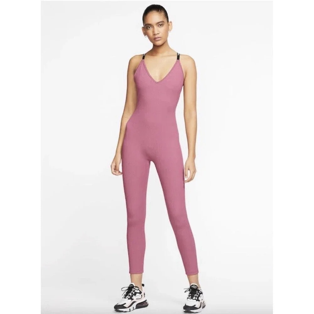 Nike JDI Plunge Back Ribbed Jumpsuit • Pink • Size Medium